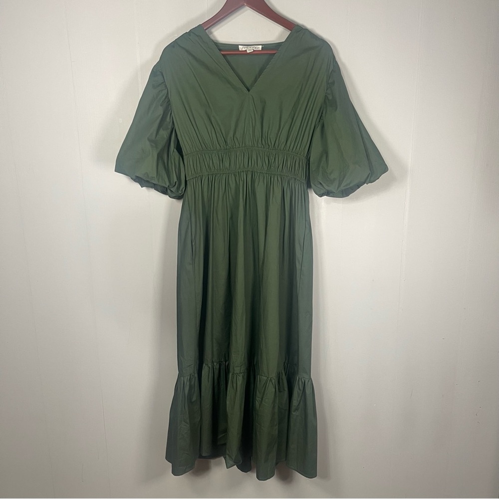 She + Sky Womens Sm Green Puff Sleeve Tiered Maxi Dress Pockets Cottagecore
